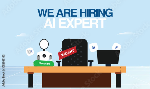 We are hiring. Hiring Ai Expert social media banner for hiring. Ai recruitment post with office table, computer, vacant chair and Robot with generative icons. Apply Now