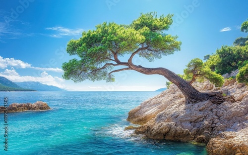 A scenic photo of a blue sea meeting rocky shores, with a pine tree on the edge, set against the clear blue sky of a summer day.