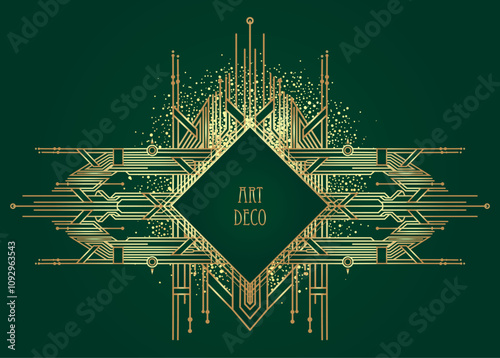 Art Deco vintage gold patterns over dark green, frames and design elements. R...