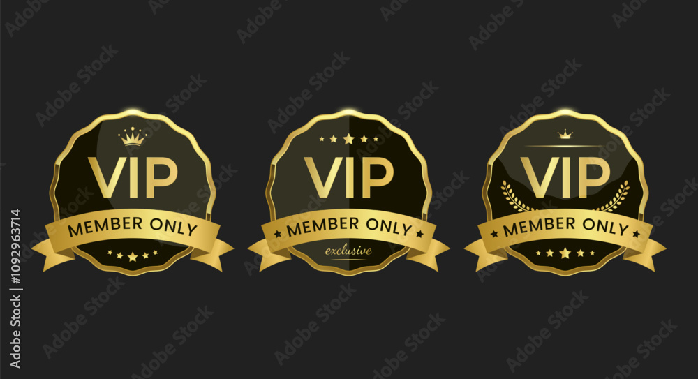 Three gold VIP badges great for exclusive membership on a black background