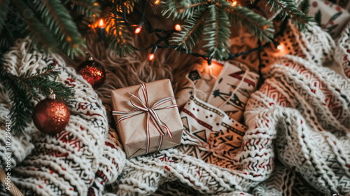 Festive holiday scene with wrapped gifts beneath a Christmas tree surrounded by cozy decorations and lights