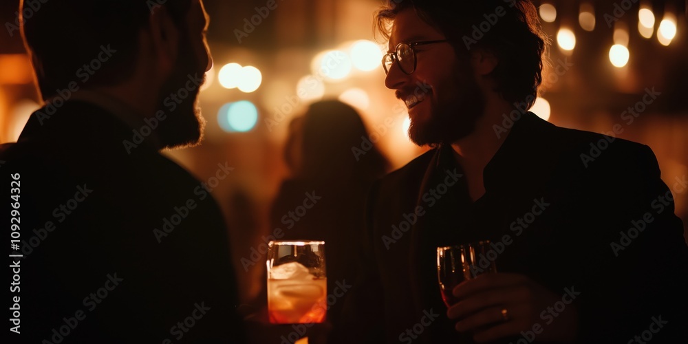 Two friends enjoy a lively conversation, holding drinks amidst a beautifully lit setting, capturing a moment of joy, connection, and celebration in their lives. Two friends enjoy a lively conversation, holding drinks amidst a beautifully lit setting, capturing a moment of joy, connection, and celebration in their lives.