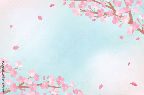 春の桜の背景イラスト　素材　さくら　花　かわいい　テンプレート　満開　新生活　お祝い　コピースペース