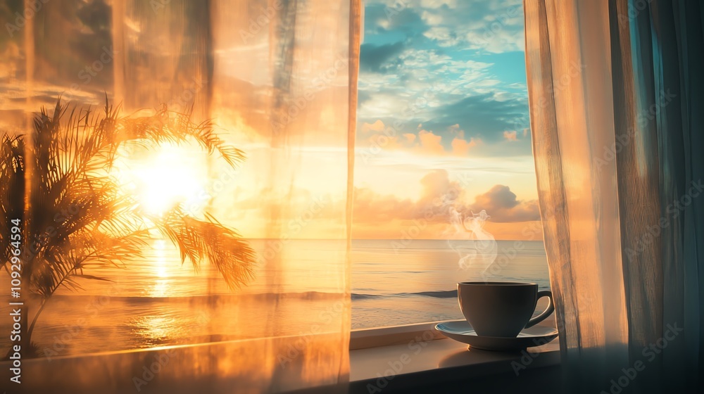 Obraz premium Relaxing view of sunrise with coffee on window. coffee morning sun double exposure