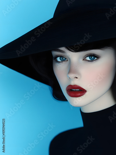 Elegant Woman with Bold Red Lips and Black Hat photo