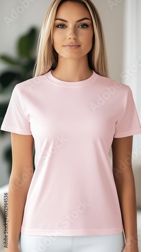 Woman wearing a light pink shirt mock up in a bright interior space. Generative AI