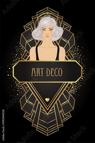 Retro fashion, glamour girl of twenties. Asian pretty woman. Vector illustration. Flapper 20s style. Vintage party invitation design template. Fancy asian lady.