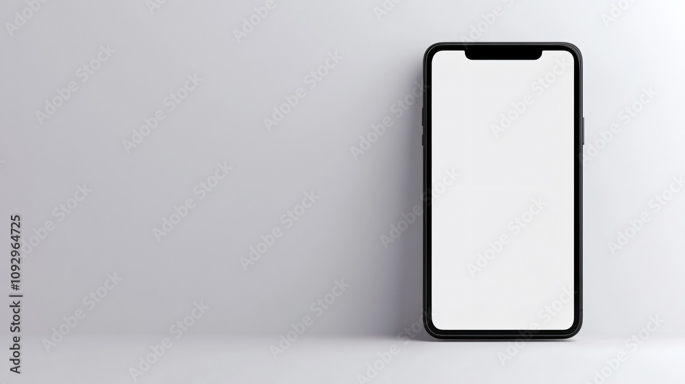 Blank smartphone mock up displayed against a minimalist gray wall in a bright room. Generative AI Blank smartphone mock up displayed against a minimalist gray wall in a bright room. Generative AI