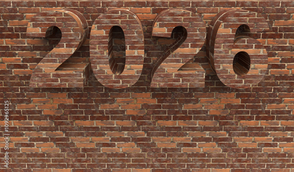 Brick New Year 2026 set on a stone wall in front. Post idea for a construction company. 3d rendering Brick New Year 2026 set on a stone wall in front. Post idea for a construction company. 3d rendering
