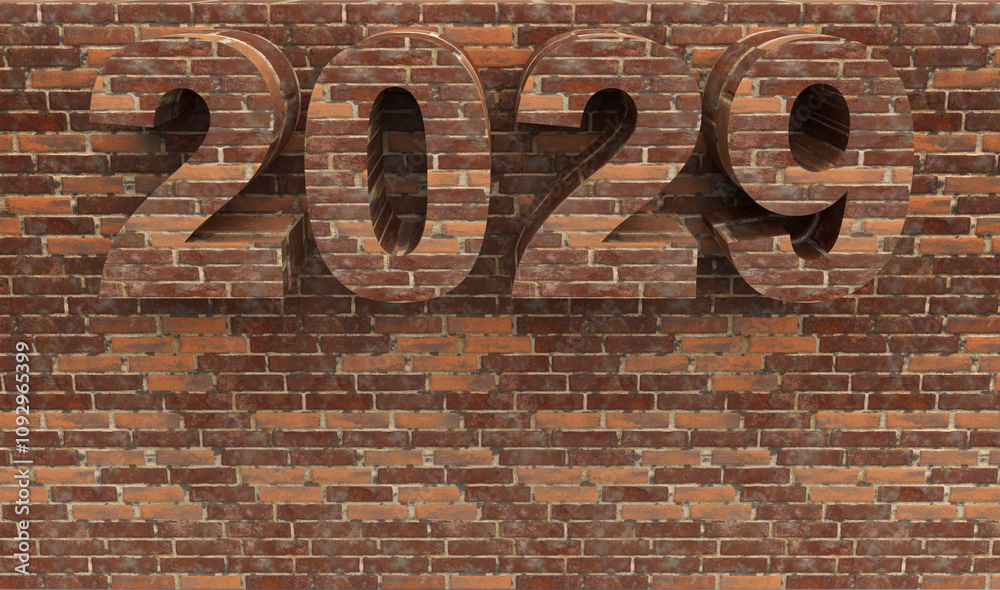 Brick New Year 2029 set on a stone wall in front. Post idea for a construction company. 3d rendering Brick New Year 2029 set on a stone wall in front. Post idea for a construction company. 3d rendering