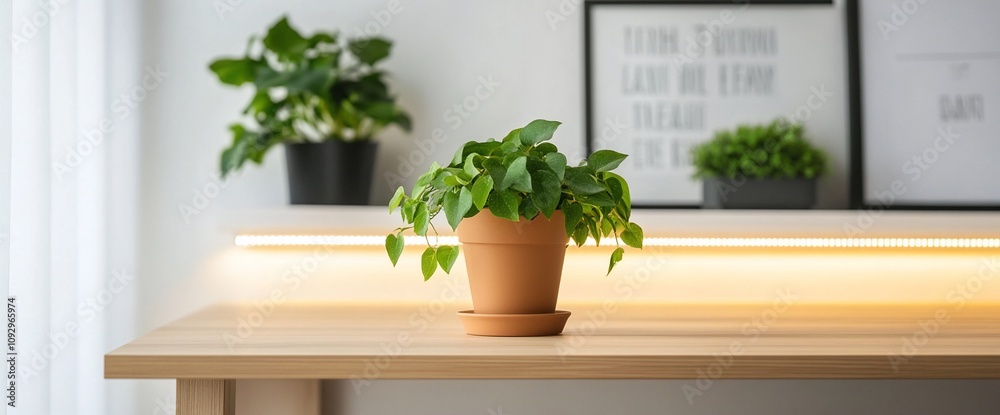 Green plant in terracotta pot on wooden desk with LED lighting.
