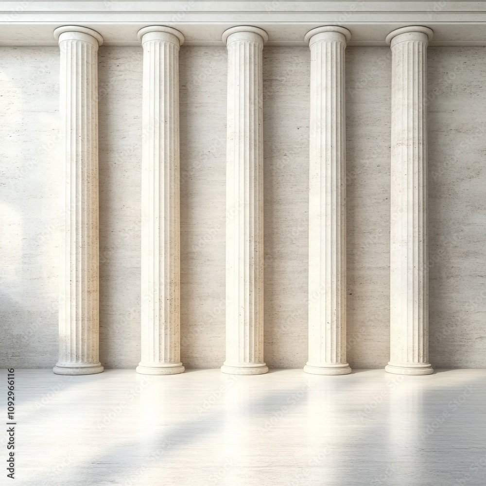 Five classic columns against a beige wall. Five classic columns against a beige wall.