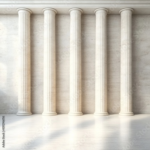 Five classic columns against a beige wall.