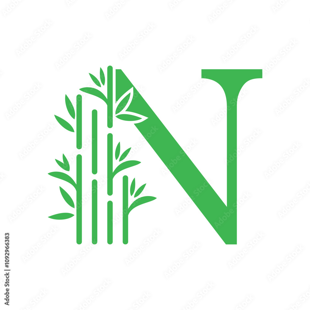Bamboo and leaf logo design with creative letter concept Bamboo and leaf logo design with creative letter concept