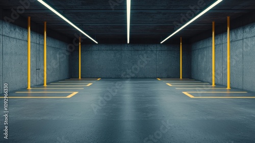 A modern, empty parking garage with concrete walls and bright lighting.