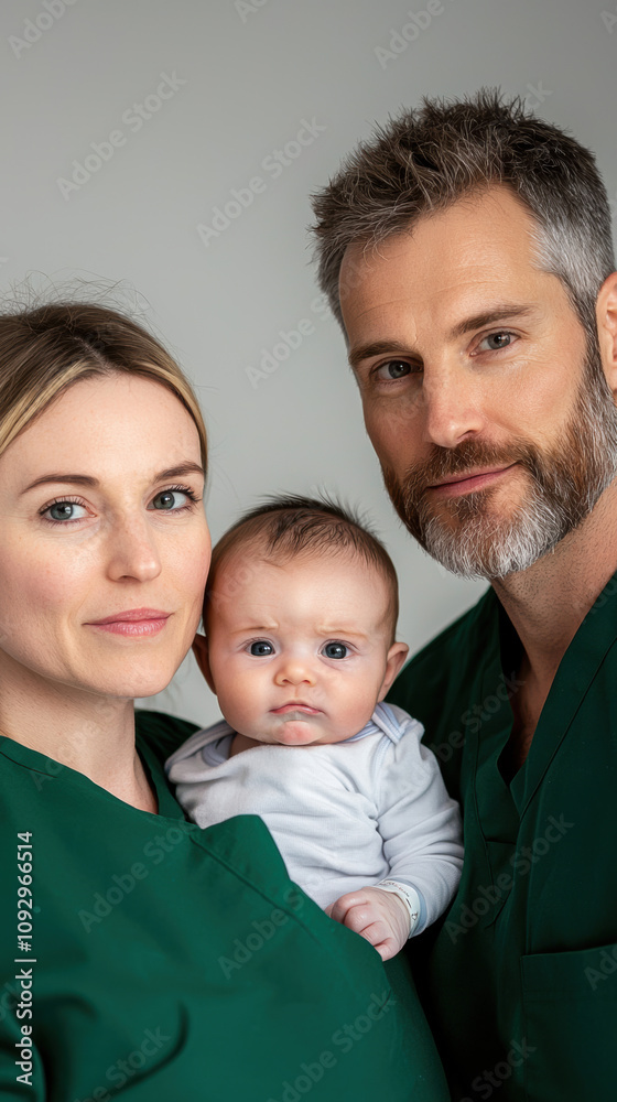 A caring couple in green scrubs holds their baby, exuding warmth and familial love in a neutral setting. A caring couple in green scrubs holds their baby, exuding warmth and familial love in a neutral setting.