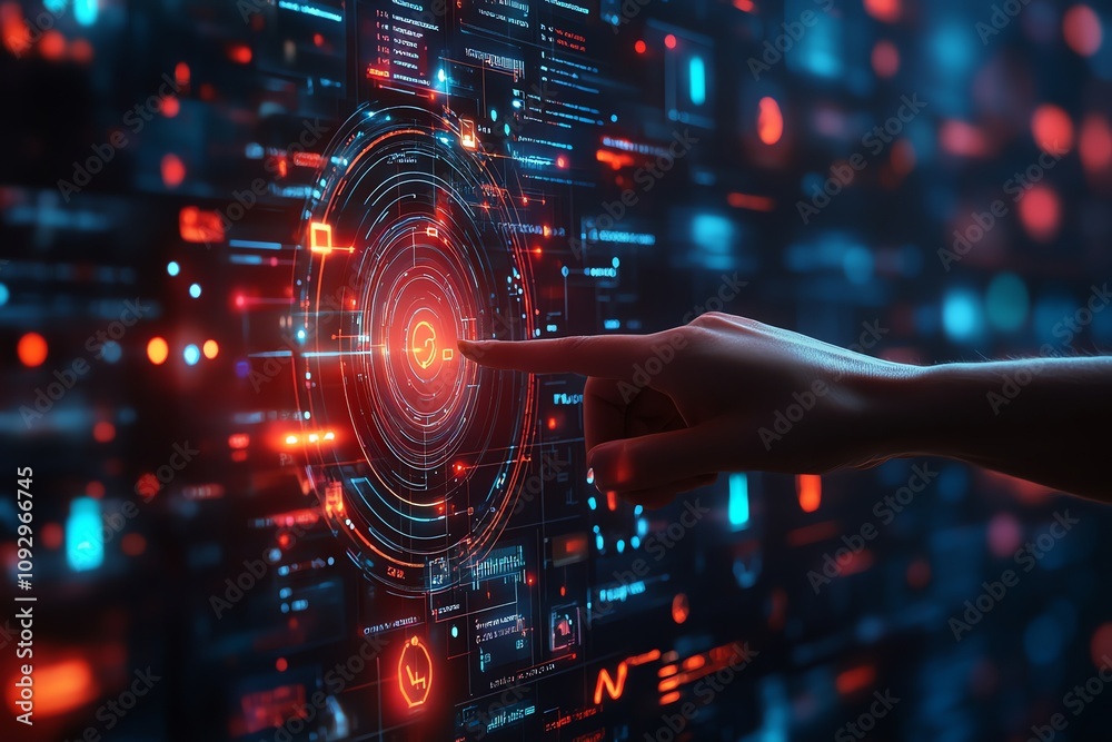 Hand interacting with futuristic holographic interface. Hand interacting with futuristic holographic interface.