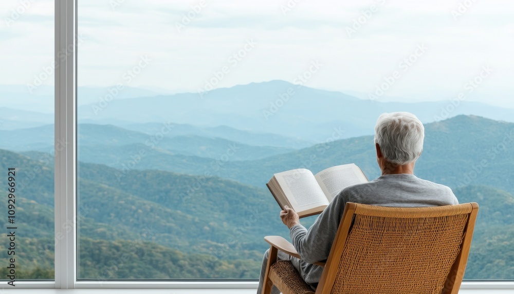 Fototapeta premium An elderly man enjoys reading a book while relaxing in a chair with a mountain view.