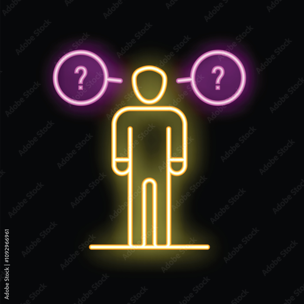 Neon style icon of a man making a difficult decision with two question marks Neon style icon of a man making a difficult decision with two question marks