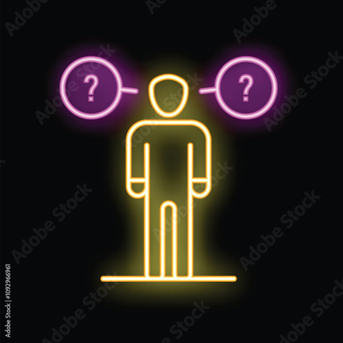 Neon style icon of a man making a difficult decision with two question marks