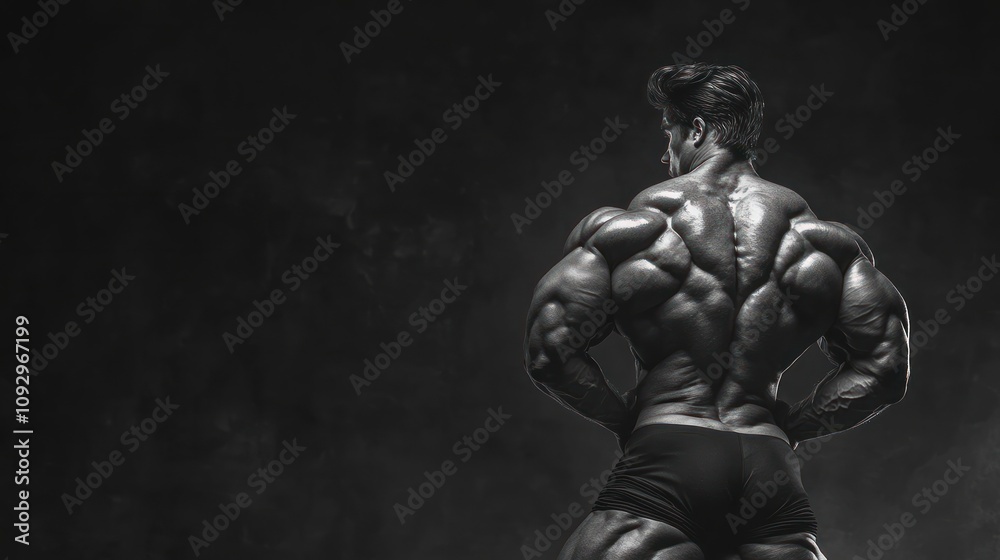 A muscular bodybuilder posing to showcase strength and physique in a dramatic black and white setting. A muscular bodybuilder posing to showcase strength and physique in a dramatic black and white setting.