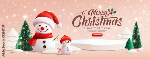 Merry Christmas and happy new year podium display ,Snowman, pine tree, greeting card, winter banner design on pink background, Eps 10 vector illustration