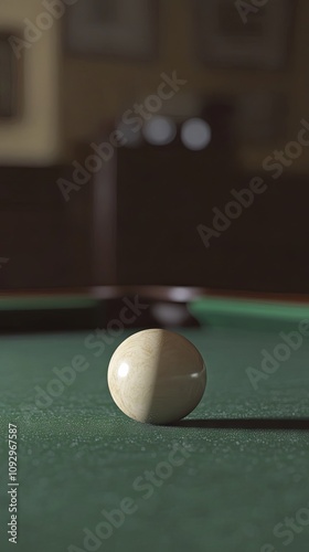 Closeup of a Cue Ball on a Green Felt Pool Table