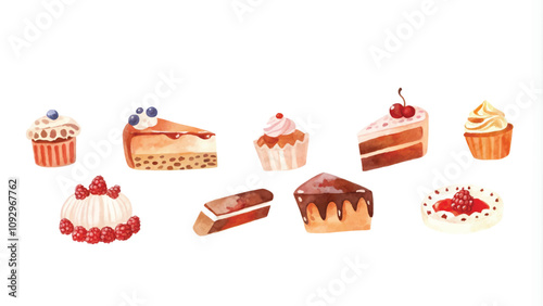 Set of hand drawn watercolor desserts. Cake, muffin, cake, cupcake, biscuit, pie, macaroon.