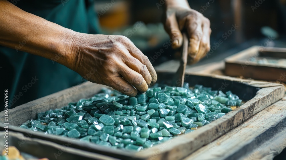 Obraz premium Precious stones in the making, as raw jade is processed into valuable gems