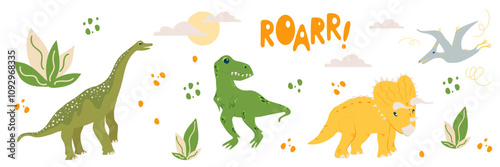 Vector flying dinosaur Pterodactyl, T-Rex predator and cute herbivores dinos Triceratops, Stegosaur, sun and clouds, ROAR inscription and bushes.
