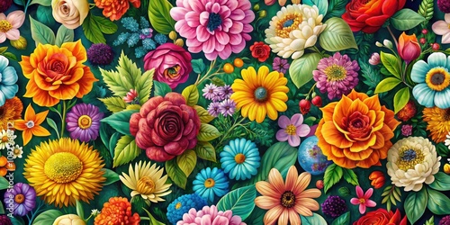 Charming floral pattern design ideal for vibrant fabrics and backgrounds, enhancing home decor, fashion, and stationery with nature's beauty and colorful blossoms. Perfectly captivating!