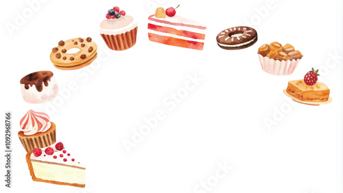 Watercolor illustration of a set of cakes and muffins on a white background