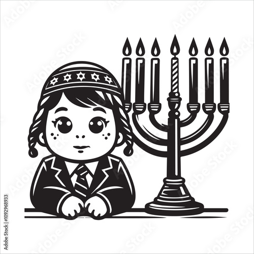 Cute Boy with Menorah, Celebrating Hanukkah. A cheerful cartoon boy in a kippah (Jewish head covering) stands next to a menorah, lit with candles.