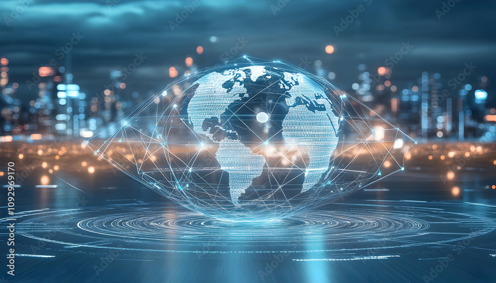 Futuristic global network connection; digital earth illuminated, glowing lines connecting continents over a city skyline at night. Futuristic global network connection; digital earth illuminated, glowing lines connecting continents over a city skyline at night.