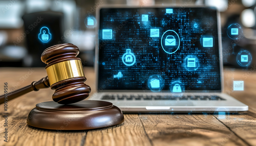 Gavel and laptop with digital data security icons. Cybercrime, online justice, digital evidence concept. Gavel and laptop with digital data security icons. Cybercrime, online justice, digital evidence concept.