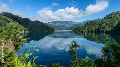 Serene lake mirroring mountains and sky.