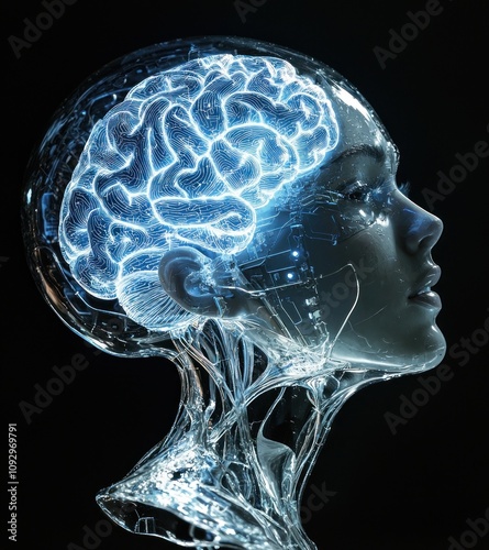 Digital neural network within a glassy human head.