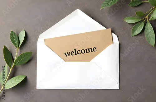 Top view of an envelope and a postcard with a card with the words 
