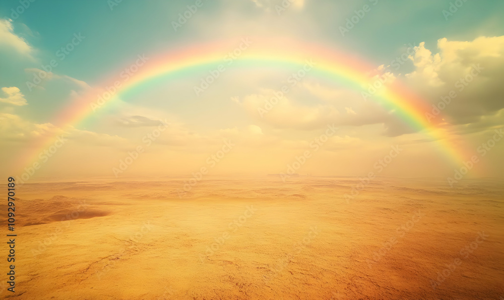 A serene desert landscape featuring a vibrant rainbow arching across the sky. A serene desert landscape featuring a vibrant rainbow arching across the sky.