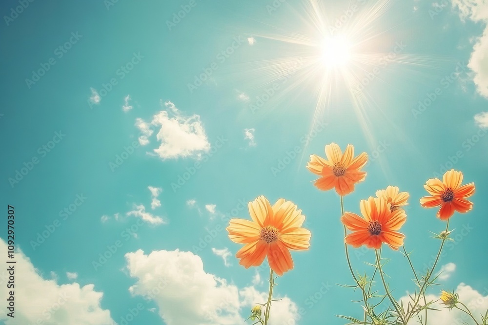 Orange Cosmos Flowers in a Summer Meadow with Sunlight and Retro Filter. AI generated illustration Orange Cosmos Flowers in a Summer Meadow with Sunlight and Retro Filter. AI generated illustration