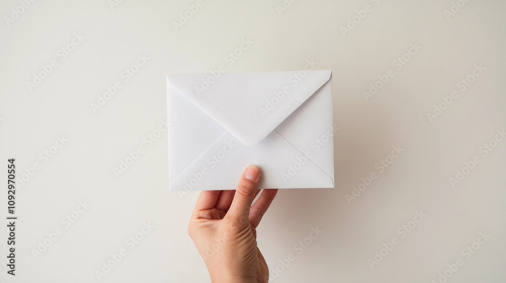 Fototapeta premium Hand Holding a Sealed White Envelope on a Minimal Background 