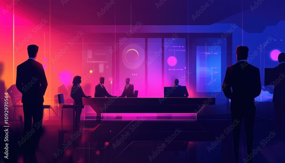 Futuristic board meeting with vibrant neon colors Futuristic board meeting with vibrant neon colors