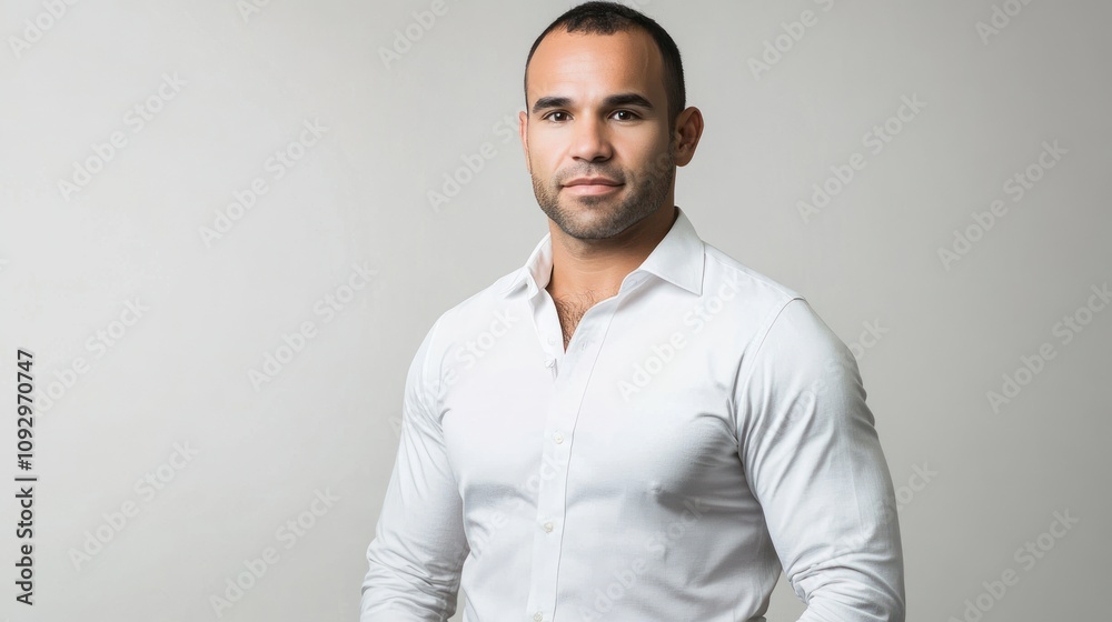 A confident man in a white shirt poses against a neutral background. A confident man in a white shirt poses against a neutral background.