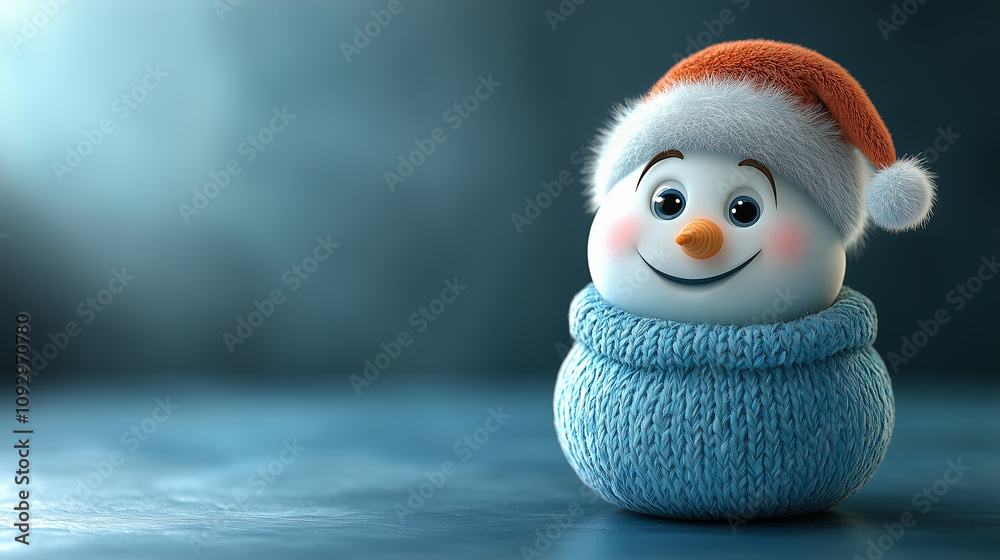 Obraz premium Illustration of snowman in scarf, character, mascot, banner with copy space, Happy New Year and Merry Christmas
