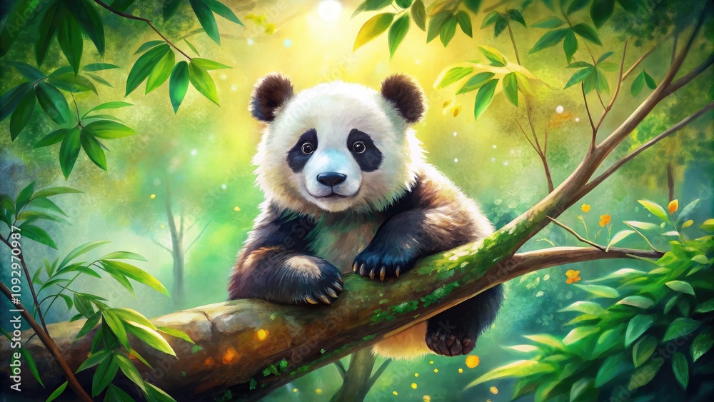 Obraz premium Charming watercolor illustration of a cute panda hanging from a tree, capturing the playful spirit of wildlife in a colorful, enchanting forest setting. Pure joy!