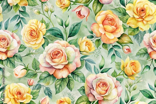 Charming watercolor floral pattern showcasing peach and yellow roses, perfect for elegant designs, home decor, and fashion textilesâ€”vibrant blooms and artistic elegance blend beautifully.