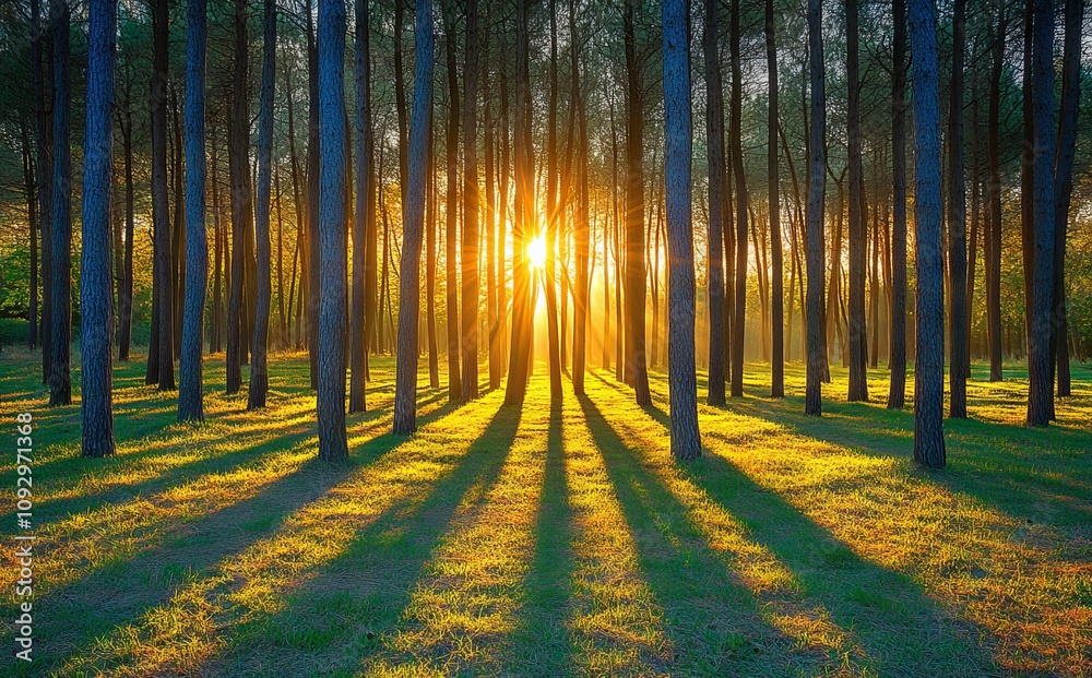 Fototapeta premium Dense Pine Forest at Sunrise with Sunlight Filtering Through Trees. AI generated illustration