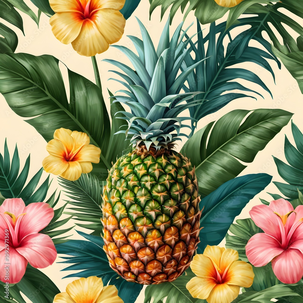 high-resolution colorful pineapple illustration with tropical leaves and flowers perfect for trendy decor and wall art