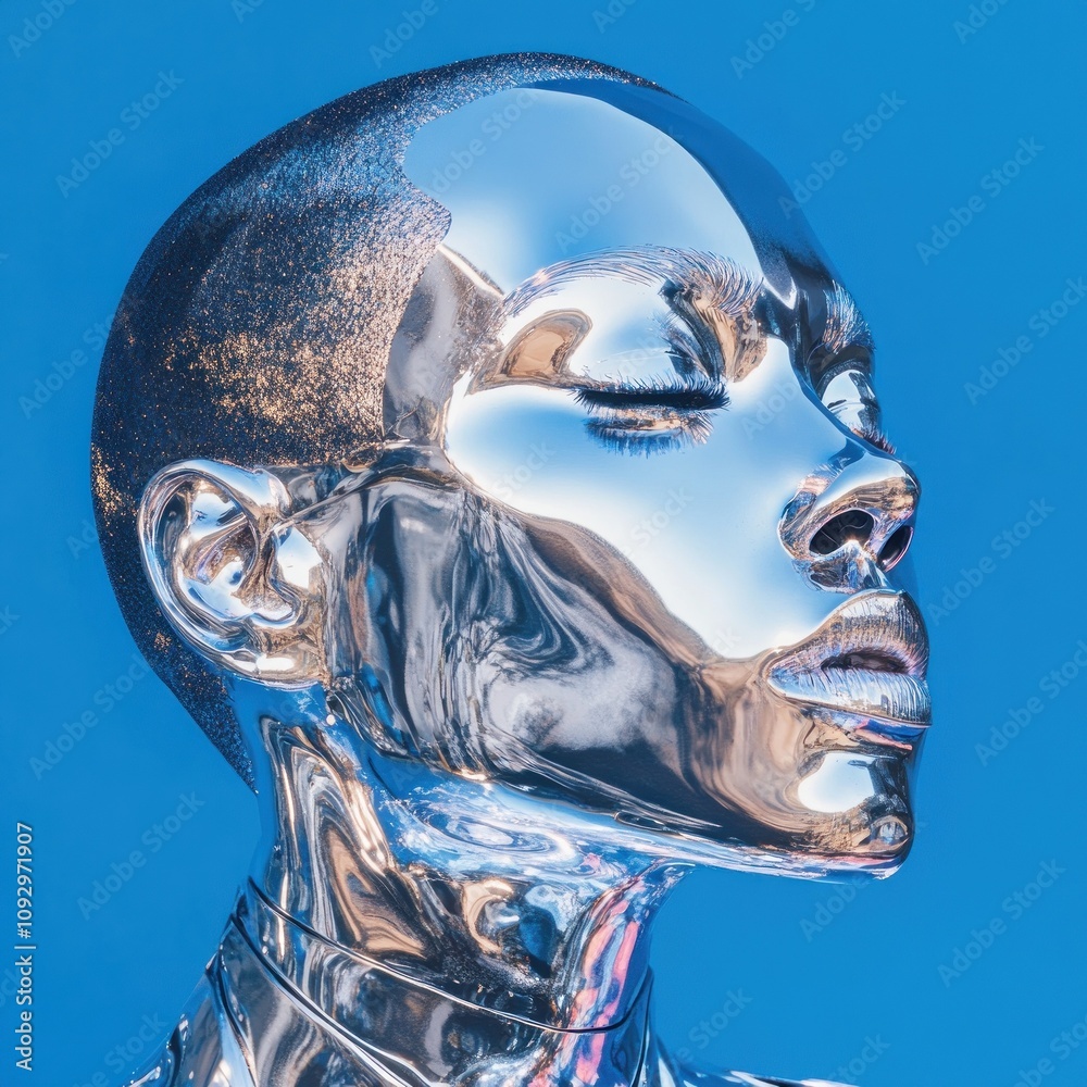 Reflective chrome face with serene expression blue.