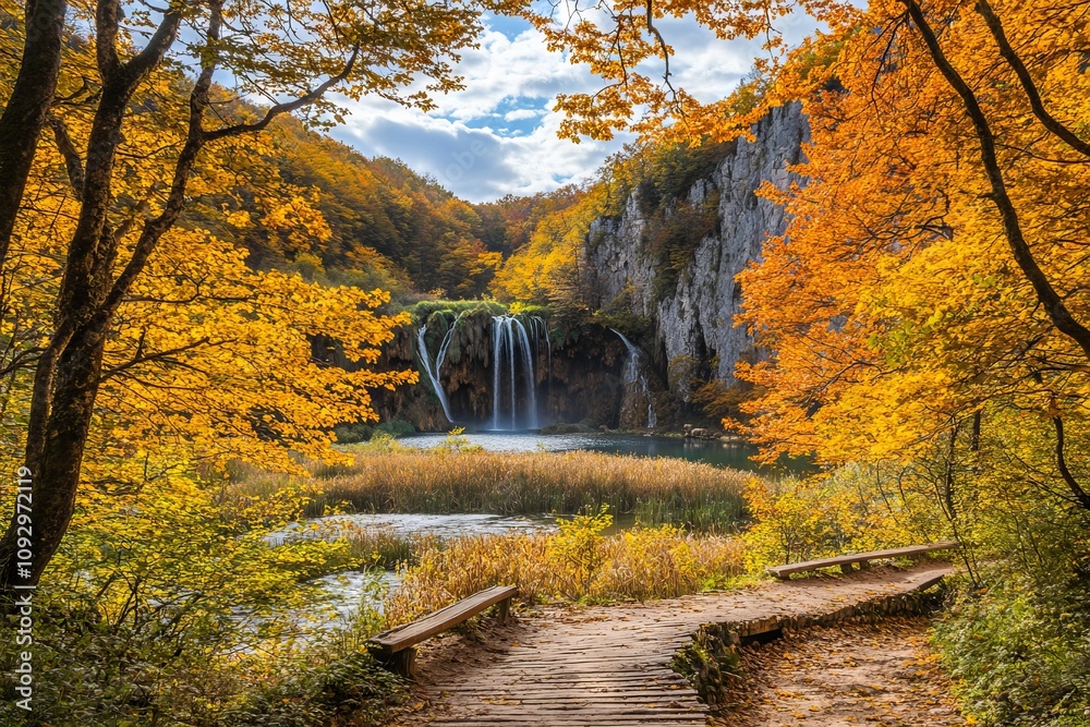 Autumn Path and Waterfall in Plitvice Lakes National Park, Croatia. AI generated illustration Autumn Path and Waterfall in Plitvice Lakes National Park, Croatia. AI generated illustration